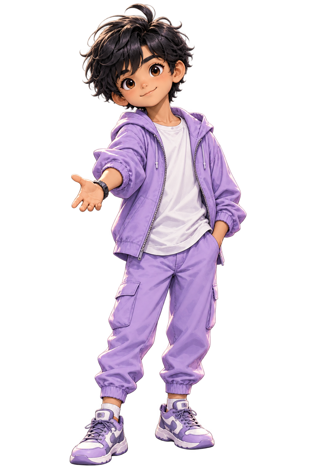 Illustrated character in a lavender hoodie, hand extended in welcome.