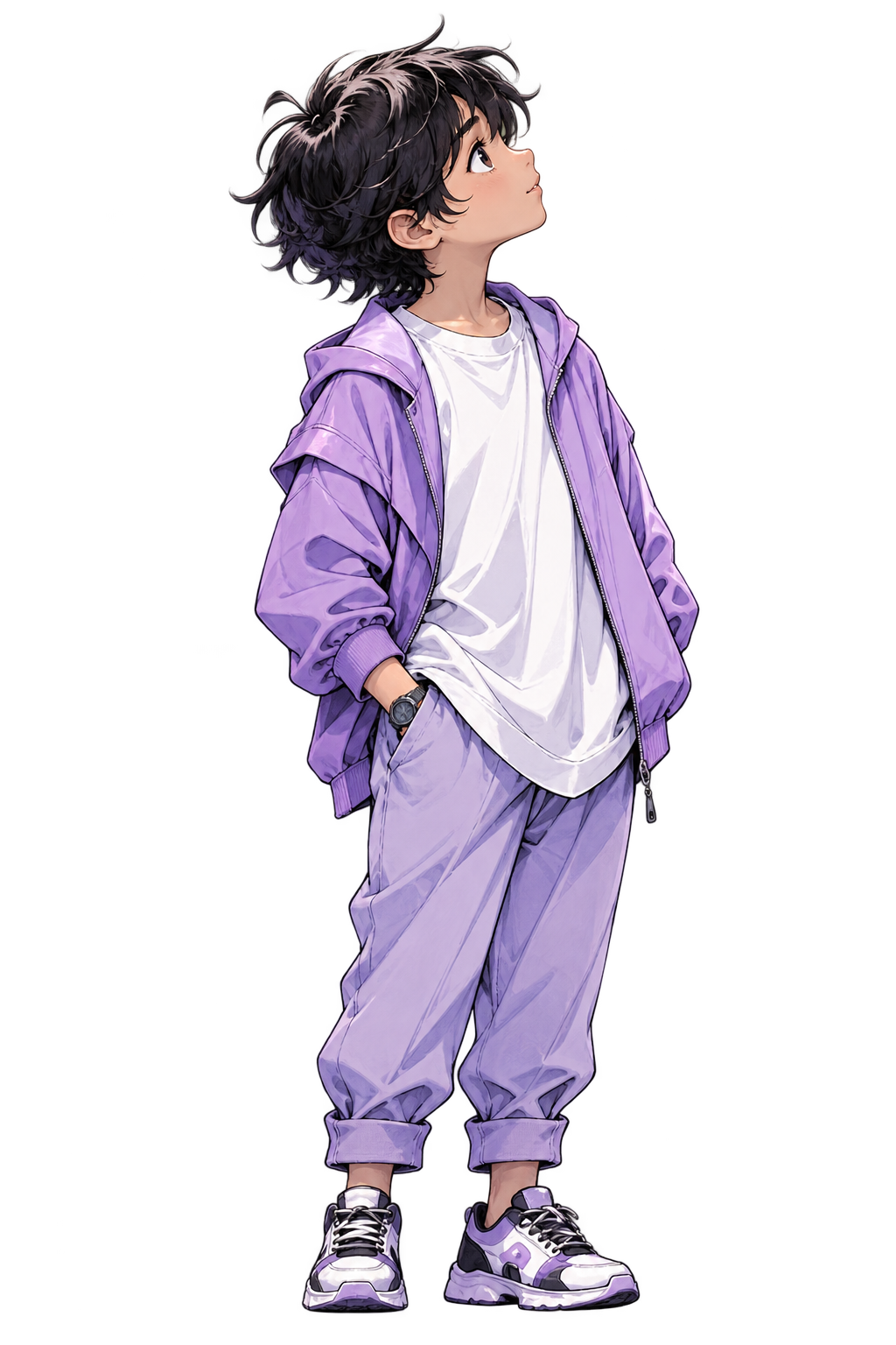 Illustrated character in a lavender tracksuit, looking upward.